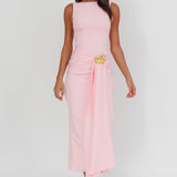 Zimora Gold Buckle Waist Drape Maxi Dress Pink
