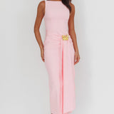 Zimora Gold Buckle Waist Drape Maxi Dress Pink