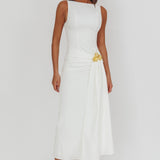 Zimora Gold Buckle Waist Drape Maxi Dress White