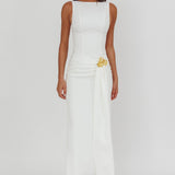 Zimora Gold Buckle Waist Drape Maxi Dress White