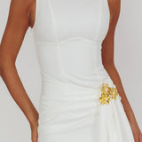 Zimora Gold Buckle Waist Drape Maxi Dress White