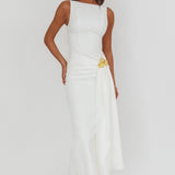 Zimora Gold Buckle Waist Drape Maxi Dress White
