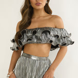 Amaria Off-Shoulder Lettuce Edge Crop Top Silver