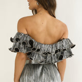 Amaria Off-Shoulder Lettuce Edge Crop Top Silver