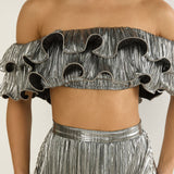 Amaria Off-Shoulder Lettuce Edge Crop Top Silver