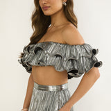 Amaria Off-Shoulder Lettuce Edge Crop Top Silver