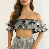 Amaria Off-Shoulder Lettuce Edge Crop Top Silver