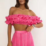 Amaria Off-Shoulder Lettuce Edge Crop Top Hot Pink