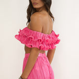Amaria Off-Shoulder Lettuce Edge Crop Top Hot Pink