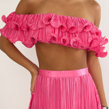 Amaria Off-Shoulder Lettuce Edge Crop Top Hot Pink