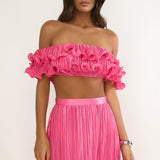 Amaria Off-Shoulder Lettuce Edge Crop Top Hot Pink