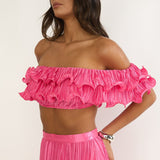 Amaria Off-Shoulder Lettuce Edge Crop Top Hot Pink