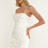 Mirisa Flower Accent Smocked Mini Dress White