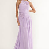Brighten Drop Waist Flower Accent Maxi Dress Lilac
