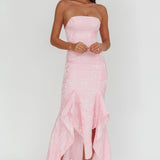 Corin Strapless High-Low Hem Maxi Dress Jacquard Pink