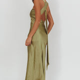 Florisse Asymmetric Neckline Maxi Dress Olive
