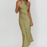 Florisse Asymmetric Neckline Maxi Dress Olive