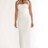 Fly Me To Paris Pleat Bodice Halterneck Maxi Dress White