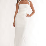 Fly Me To Paris Pleat Bodice Halterneck Maxi Dress White