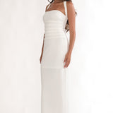 Fly Me To Paris Pleat Bodice Halterneck Maxi Dress White