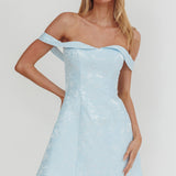 Mikado Off-Shoulder Foldover Mini Dress Jacquard Blue