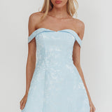 Mikado Off-Shoulder Foldover Mini Dress Jacquard Blue