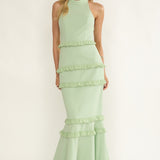 Haze Frill Trim Halterneck Maxi Dress Sage
