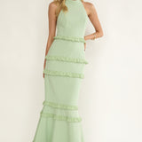 Haze Frill Trim Halterneck Maxi Dress Sage