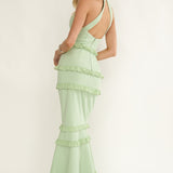 Haze Frill Trim Halterneck Maxi Dress Sage