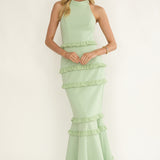 Haze Frill Trim Halterneck Maxi Dress Sage