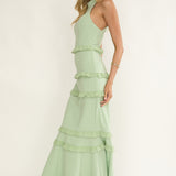 Haze Frill Trim Halterneck Maxi Dress Sage