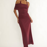 Carielle Off-Shoulder Halter Maxi Dress Wine