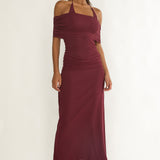 Carielle Off-Shoulder Halter Maxi Dress Wine