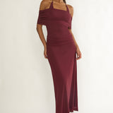 Carielle Off-Shoulder Halter Maxi Dress Wine