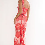 Ilyse Neck Scarf One-Shoulder Maxi Dress Floral Red