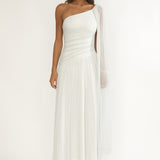 Zorina One-Shoulder Drape Maxi Dress Silver