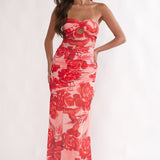 Kallira Strapless Ruched Maxi Dress Floral Red