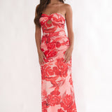 Kallira Strapless Ruched Maxi Dress Floral Red