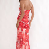 Kallira Strapless Ruched Maxi Dress Floral Red