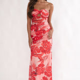 Kallira Strapless Ruched Maxi Dress Floral Red