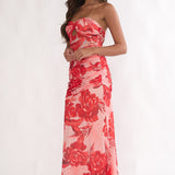 Kallira Strapless Ruched Maxi Dress Floral Red