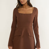 Calenne Long Sleeve Faux Pocket Mini Dress Coffee
