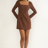 Calenne Long Sleeve Faux Pocket Mini Dress Coffee