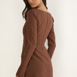 Calenne Long Sleeve Faux Pocket Mini Dress Coffee