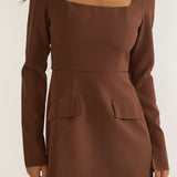 Calenne Long Sleeve Faux Pocket Mini Dress Coffee