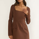Calenne Long Sleeve Faux Pocket Mini Dress Coffee