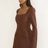 Calenne Long Sleeve Faux Pocket Mini Dress Coffee