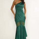Avielle Lace Trim One-Shoulder Maxi Dress Forest Green