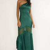 Avielle Lace Trim One-Shoulder Maxi Dress Forest Green