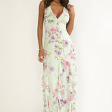 Elenya Strappy Back Ruffle Trim Maxi Dress Mint Floral